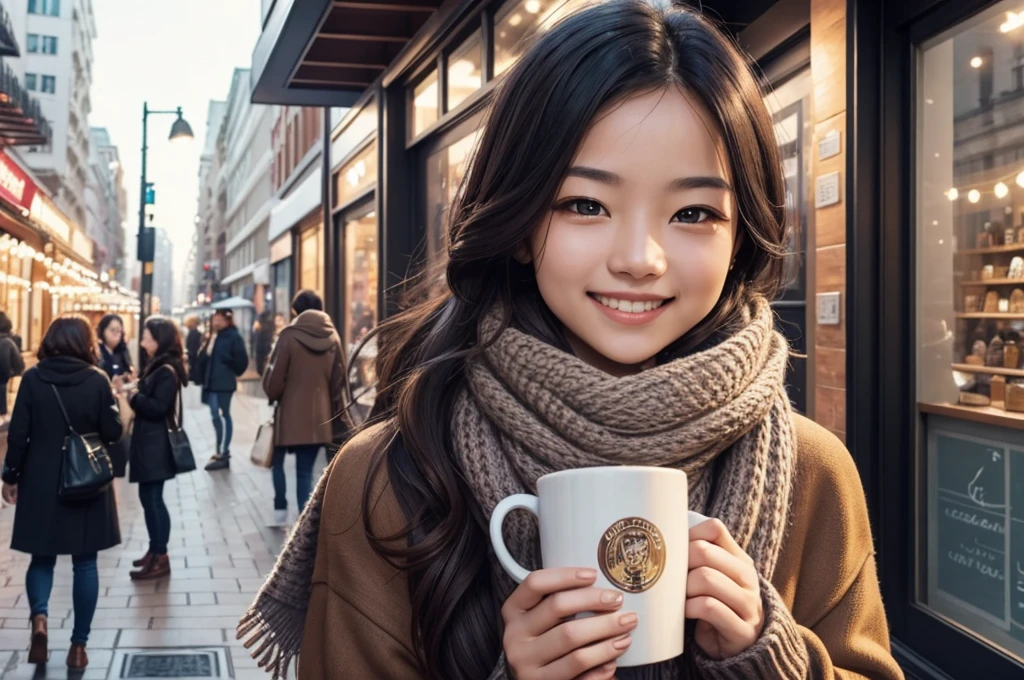 very beautiful girl, wearing a sweater and scarf drinking coffee on a city street, looks towards the camera, smiling, high detail, advertising photo