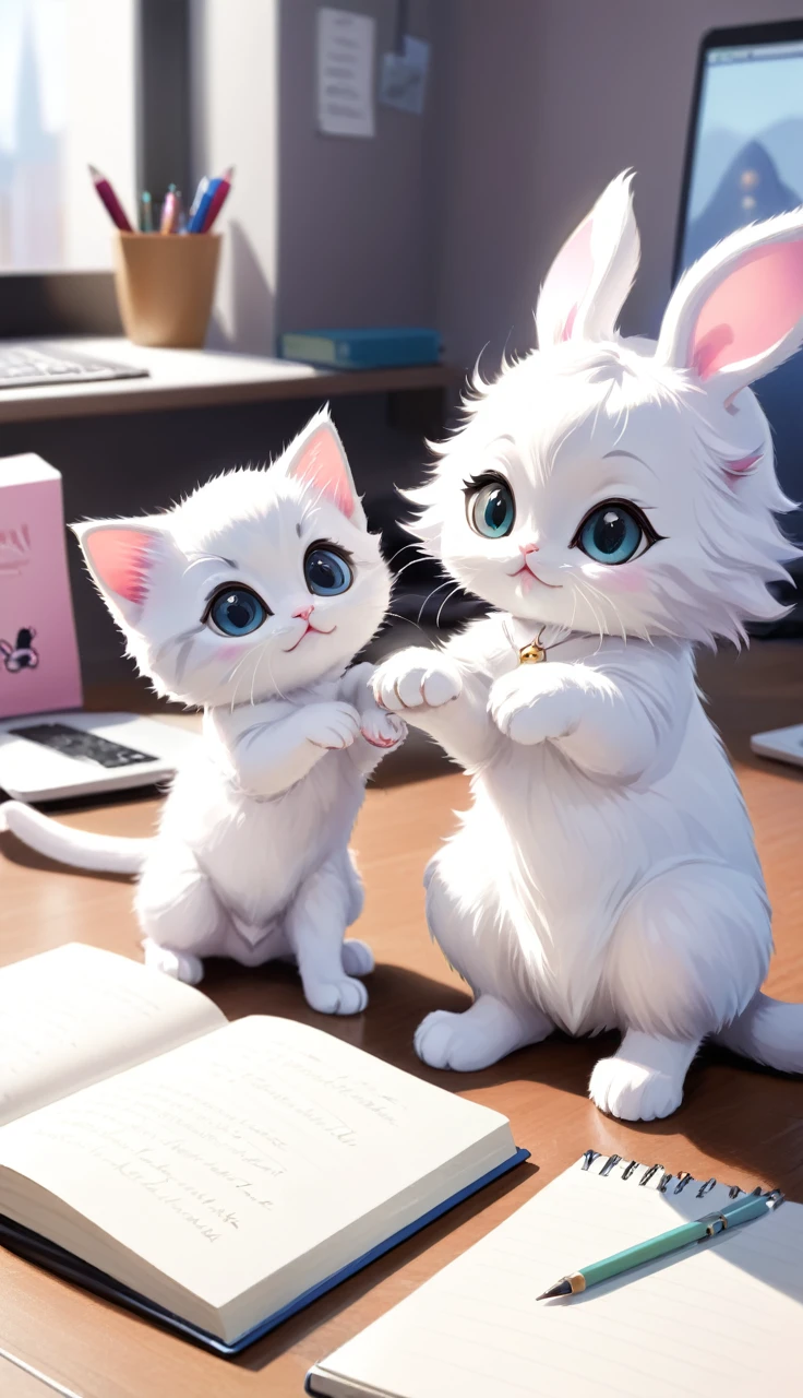 A photorealistic image of two small kittens sitting on a desk, both wearing bunny costumes. The kittens look very cute with big eyes gazing at the camera. On the desk, an open laptop can be seen, and in front of it, there is a notebook and a pen. The notebook has several notes written on it. A part of a person's hand holding a pen is visible in the picture. One kitten has its front paws on the hand, as if trying to write something, and the other kitten is sitting next to it, also looking at the camera. The background shows other small items on the desk.