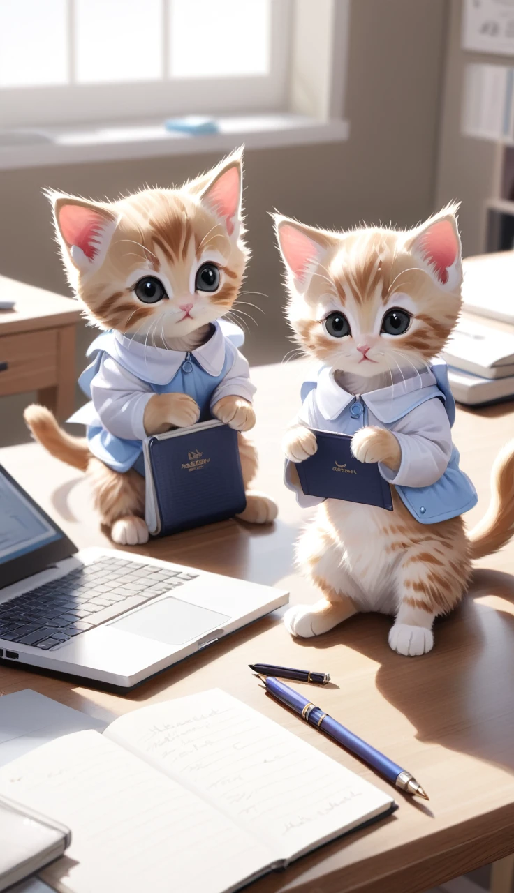 A photorealistic image of two small kittens sitting on a desk, both wearing bunny costumes. The kittens look very cute with big eyes gazing at the camera. On the desk, an open laptop can be seen, and in front of it, there is a notebook and a pen. The notebook has several notes written on it. A part of a person's hand holding a pen is visible in the picture. One kitten has its front paws on the hand, as if trying to write something, and the other kitten is sitting next to it, also looking at the camera. The background shows other small items on the desk.