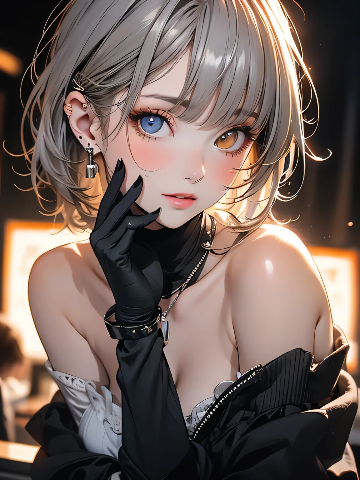 Highest quality, masterpiece, Ultra-high resolution, (Realistic: 1.4), RAW Photos, One girl, Off the shoulder, Cinema Lighting, Kiss pose, Heterochromia iridis, Gray Hair, Gray Hair