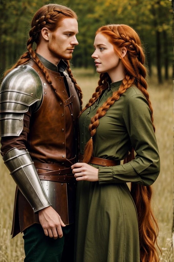 Hello, you can create an image of a woman with long reddish hair styled in braids, She wears a 1650 green dress with sleeves and on top of it she wears a brown leather shirt and a man with blonde hair., tall and wearing knight armor, They both look in love and are very beautiful