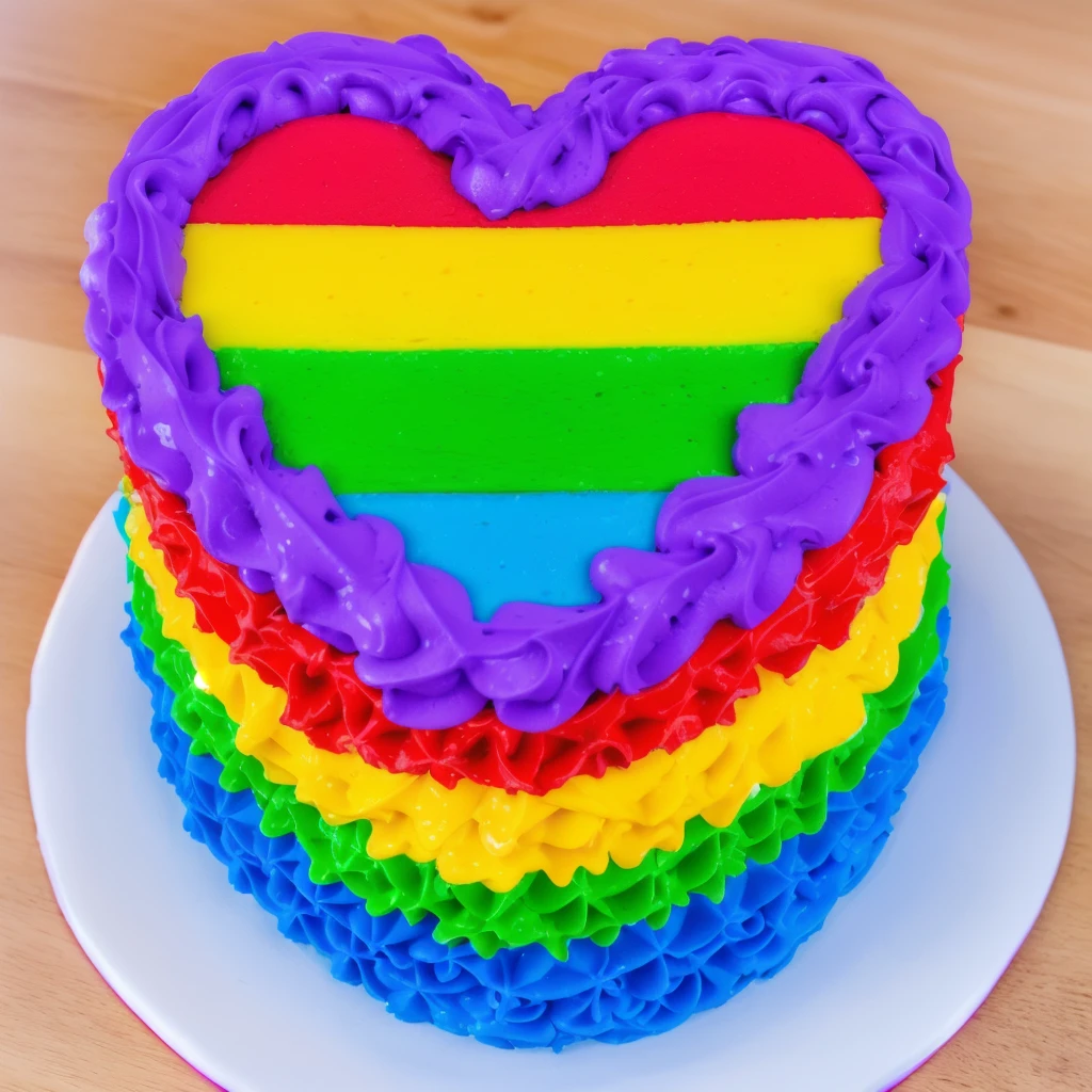 on a wooden table, there is a white plate with a heart cake , rainbow cream heart cake ( star shaped) , multi-colored heart on top, decorated with purple cream, cream with highlights, view from above, Beautiful light from the window, beautiful lighting, bright announcement, Multiple light sources, Realistic style, realistic textures, high quality, high detail, detailed textures, ultra 4k hd, macro photography