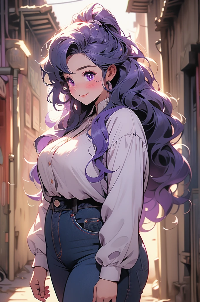 1girl, plump curves, colossal, giant, tall, curled violet hair, long hair, violet eyes, blush, sad smile, dark alley, looking down, shrinking, blouse, jacket, jeans