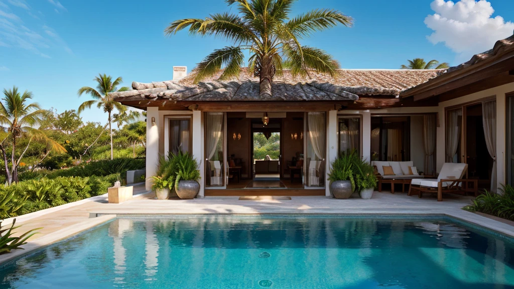 An exotic and luxurious resort,overlooking a stunning sunrise,beachfront property,majestic palm trees,crystal clear water,private villas with infinity pools,outdoor jacuzzi,spacious sun deck,panoramic ocean view,serene and tranquil atmosphere,luxurious spa treatments,world-class restaurants and bars,exclusive beach access,24-hour concierge service,premium amenities,meticulously designed interiors,elegant and modern architecture,impeccable attention to detail,seamless blend of nature and luxury,exquisite landscaping,artistic sculptures,impressive entrance,opulent furnishings and decor,illuminated pathways,golden hues of the sunrise,soft warm lighting,romantic ambiance,sensory indulgence,refined artwork,hint of tropical fragrance,unforgettable experience,premium quality,4k resolution,ultra-detailed,realistic portrayal,vibrant colors and textures,expertly captured lighting and shadows,photorealistic rendering,stunning visual effects.
