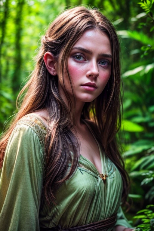 A beautiful young hobbit woman, porcelain skin, long flowing brown hair, large expressive eyes, delicate facial features, pointed ears, wearing an earthy green dress, standing in a lush forest clearing, surrounded by ferns and wildflowers, warm golden light filtering through the trees, (best quality,4k,8k,highres,masterpiece:1.2),ultra-detailed,(realistic,photorealistic,photo-realistic:1.37),fantasy,portrait,cinematic lighting,vibrant colors,intricate details