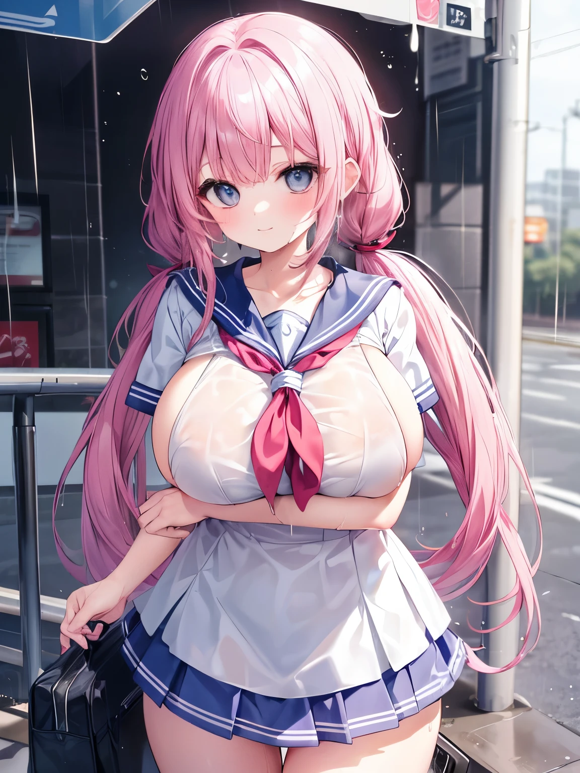 Best Quality,Beautiful Eyes,Very cute face,Beautiful Anime Girl,(Solo Girl),(gigantic breasts:1.5),(large breasts:1.2),(huge breasts:1.2),(big breasts:1.2),(mega breasts:1.2),(Pink hair),(low twintails:1.4),(Light blue eyes),Very happy smile,BREAK,(Wet sailor suit,Short sleeve,Wet pleated skirt,Wet Hair,Wet body,Covered breasts:1.4),Rain Background,A girl taking shelter from the rain at a bus stop,Cowboy Shot