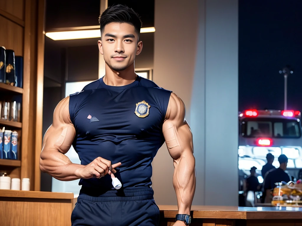 korea male male model sit on the table , big muscles, handsome, cool, smoothly combed hair, pierced ears, wearing a t-shirt navy top, holding a lollipop, portraiture, modeling, dynamic pose, Japanese street, late at night, store lights trade, full half body shot, kind_smile, ,(open mouth:1.2), fullbodypolice officer, Korean Men ,facial hair, Full body, ,(Police badge) ,(Torn navy round neck shirt), (Navy blue round neck shirt.), (Abrasions on the body....: 1.3), (Navy Cargo Pants: 1.3), Short Hair Hair, (High shadow detail),Pectoral muscles, Big arm muscles, blood vessel, Big muscles, Wide shoulders, Abrasions on the body...., Abrasions on the face, nighttime , fire truck