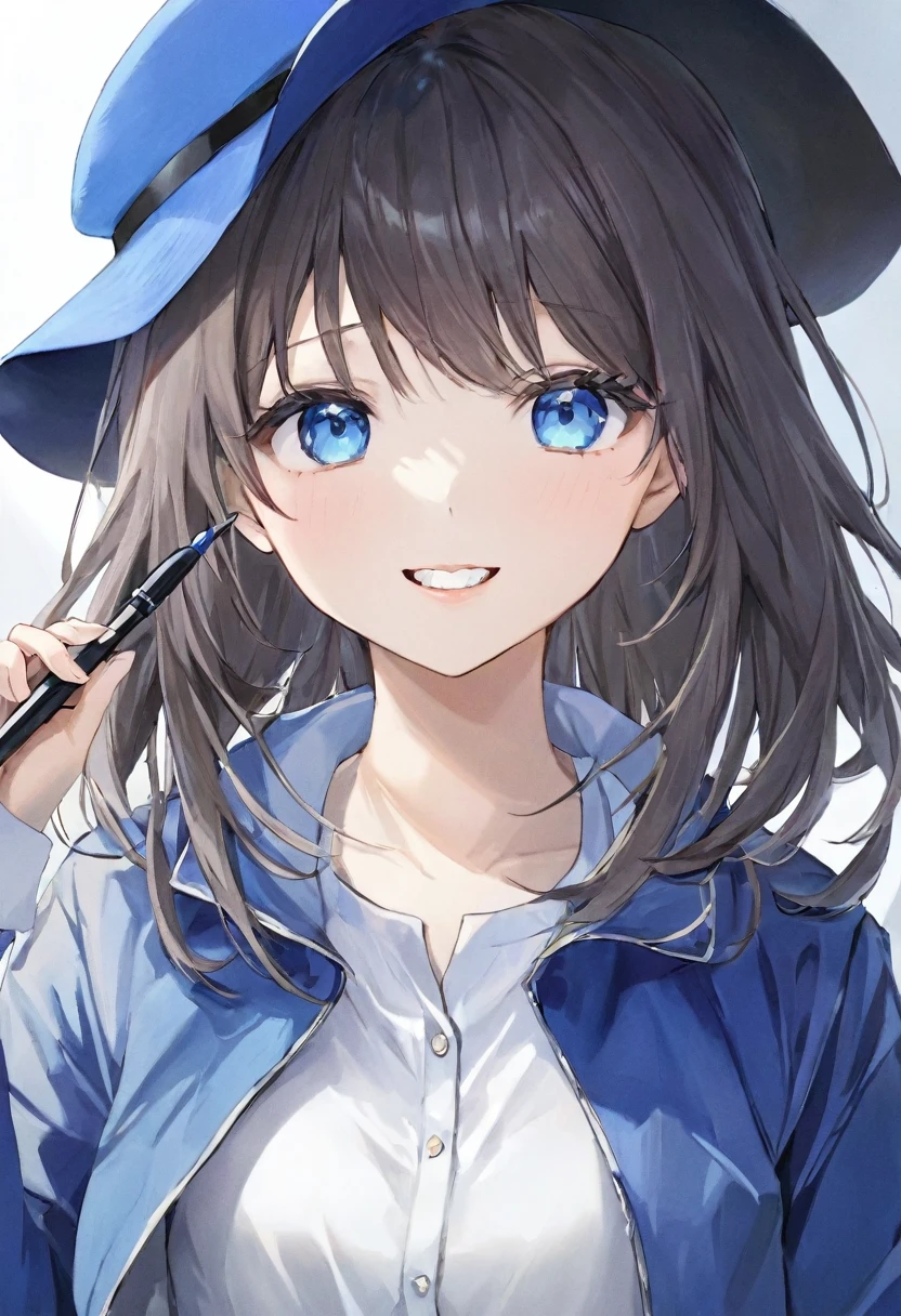 Super detailed,(Highest quality),((masterpiece)),(High resolution),○riginal,very,Juninna, blue eyes, gl○ves, S○l○, l○ng hair, l○○king at viewer, One girl, h○lding, l○ng sleeves, Have, white gl○ves, Jacket, hand ○n ○wn face, ○pen m○uth, asc○t, blue Jacket, :○, upper b○dy, shirt, hand ○n ○wn cheek, br○○ch, teeth, Blue hat, Dutch Angle, white shirt, black asc○t
