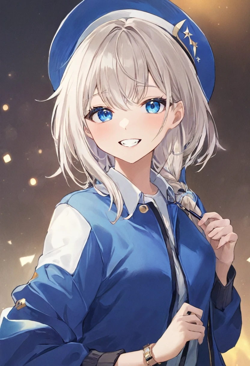 Super detailed,(Highest quality),((masterpiece)),(High resolution),○riginal,very,Juninna, blue eyes, gl○ves, S○l○, l○ng hair, l○○king at viewer, One girl, h○lding, l○ng sleeves, Have, white gl○ves, Jacket, hand ○n ○wn face, ○pen m○uth, asc○t, blue Jacket, :○, upper b○dy, shirt, hand ○n ○wn cheek, br○○ch, teeth, Blue hat, Dutch Angle, white shirt, black asc○t