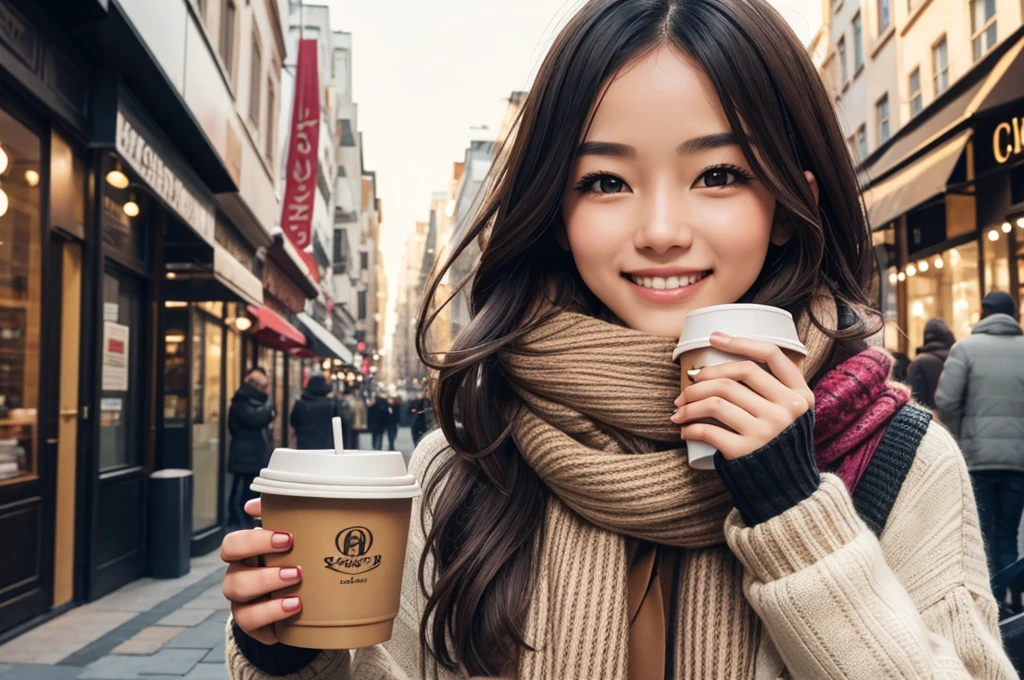 very beautiful girl, wearing a sweater and scarf drinking coffee on a city street, looks towards the camera, smiling, high detail, advertising photo