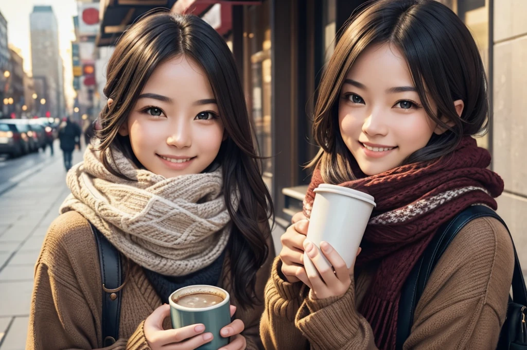 very beautiful girl, wearing a sweater and scarf drinking coffee on a city street, looks towards the camera, smiling, high detail, advertising photo