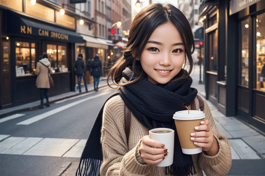 very beautiful girl, wearing a sweater and scarf drinking coffee on a city street, looks towards the camera, smiling, high detail, advertising photo
