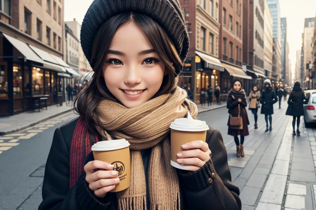 very beautiful girl, wearing a sweater and scarf drinking coffee on a city street, looks towards the camera, smiling, high detail, advertising photo