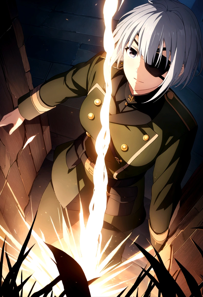 Depth of written boundary, Movie angle, CG, 8k wallpaper, , black，uniform，military cap，black色，Silver Hair，left eye，Eye patch, mask