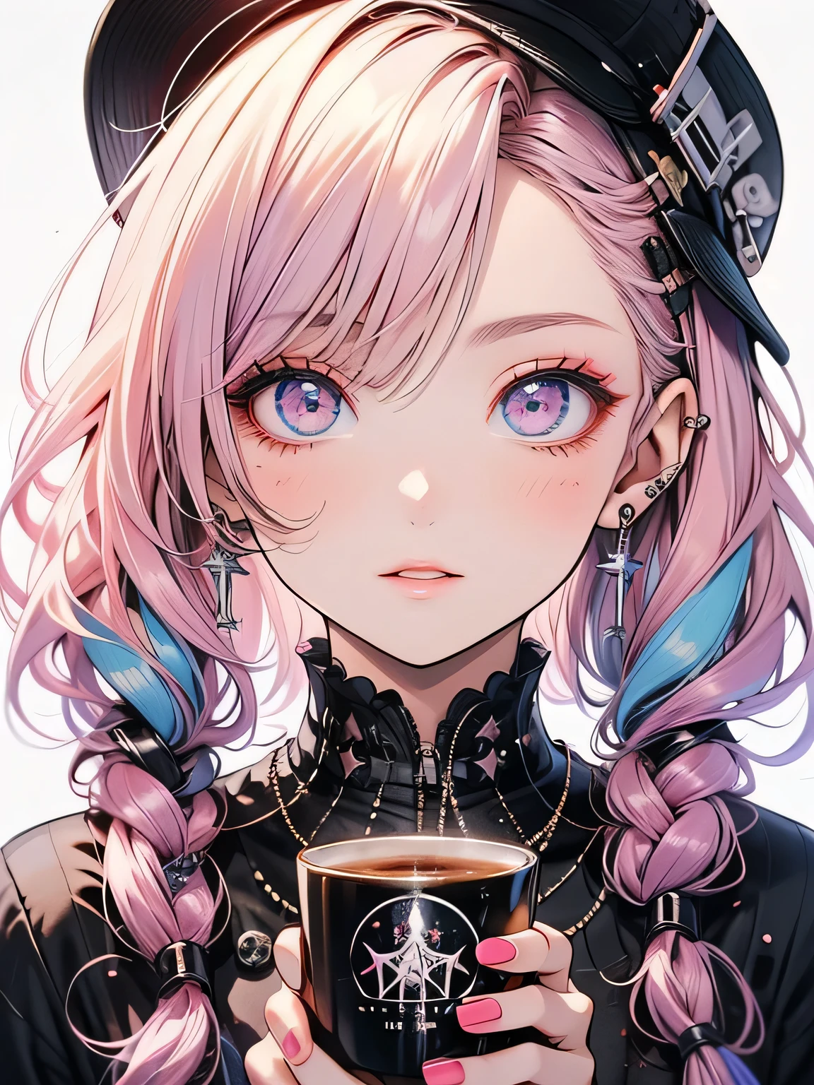 Futuristic Girl,  Purple eyes, space, Pink Hair, Long Hair,  Futuristic Coffee Shop,One girl,Beautiful attention to detail, Detailed face, cute,