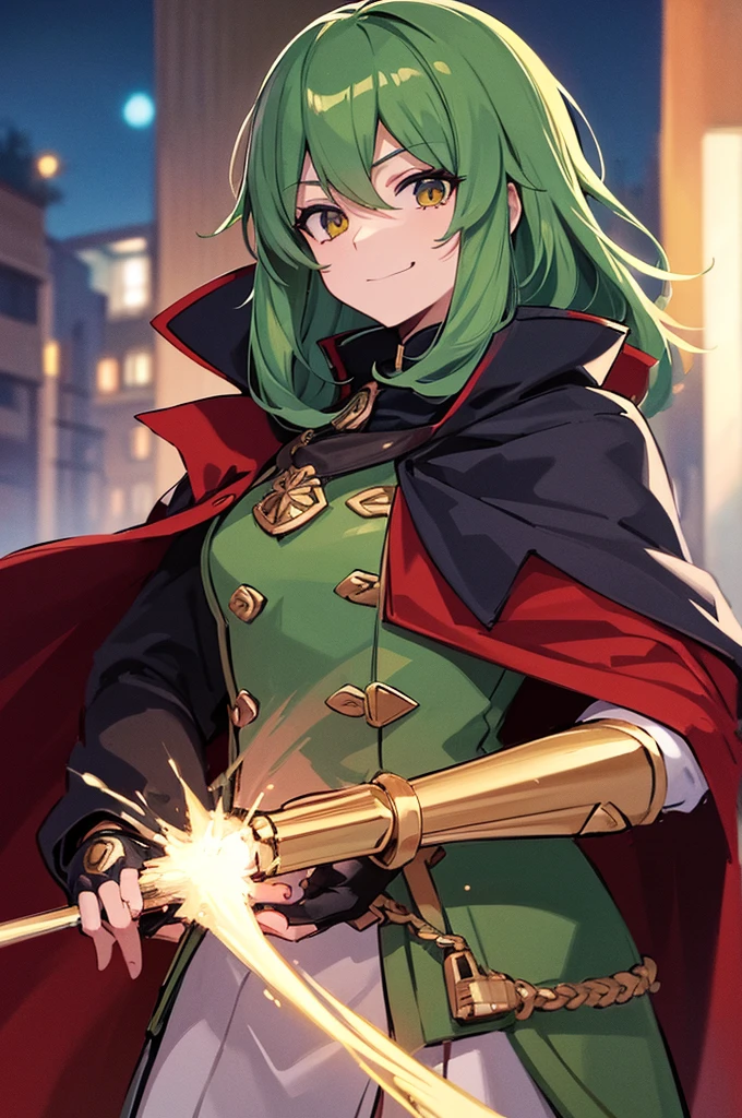 Highest quality, masterpiece, High resolution, alone, （Fire emblem），（FE Heroes_Trabant），Evening sky_background，Middle Age_male，（smug face），（Moss Green_Hair Color）, 4K, masterpiece,， alone, 1,whole body，looking at the camera, Fumaru，Red_Cape，（black_coat），Big Spear，Sharp Eyes，（Full Finger）, （The finer details）, （Anatomically correct）, (映画のbackground), Hyper Detail, (Subtle details), (Intricate details)