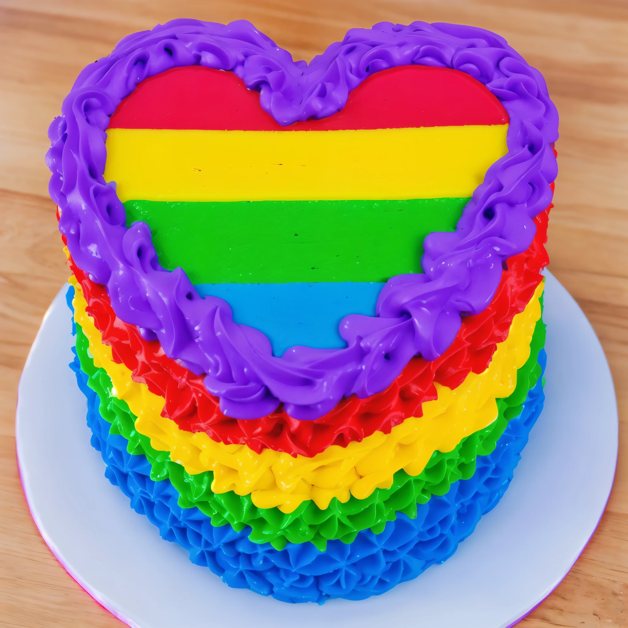 on a wooden table, there is a white plate with a heart cake , rainbow cream heart cake ( star shaped) , multi-colored heart on top, decorated with purple cream, cream with highlights, view from above, Beautiful light from the window, beautiful lighting, bright announcement, Multiple light sources, Realistic style, realistic textures, high quality, high detail, detailed textures, ultra 4k hd, macro photography