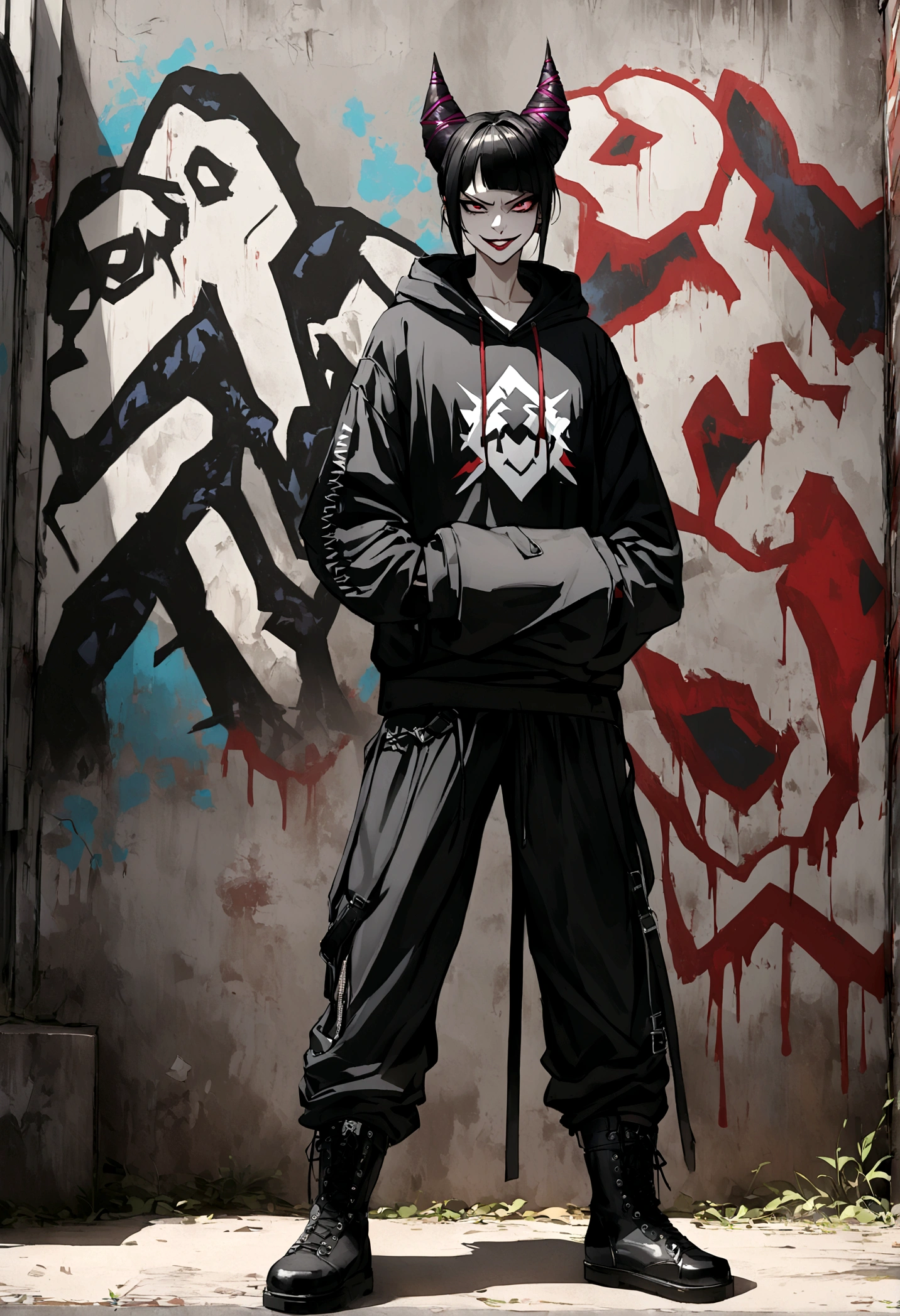 juri han, work of art, black hair, hair horns, black alan walker hoodie, black leggings, black punk boots, black fingerless gloves,evil smile, graffiti