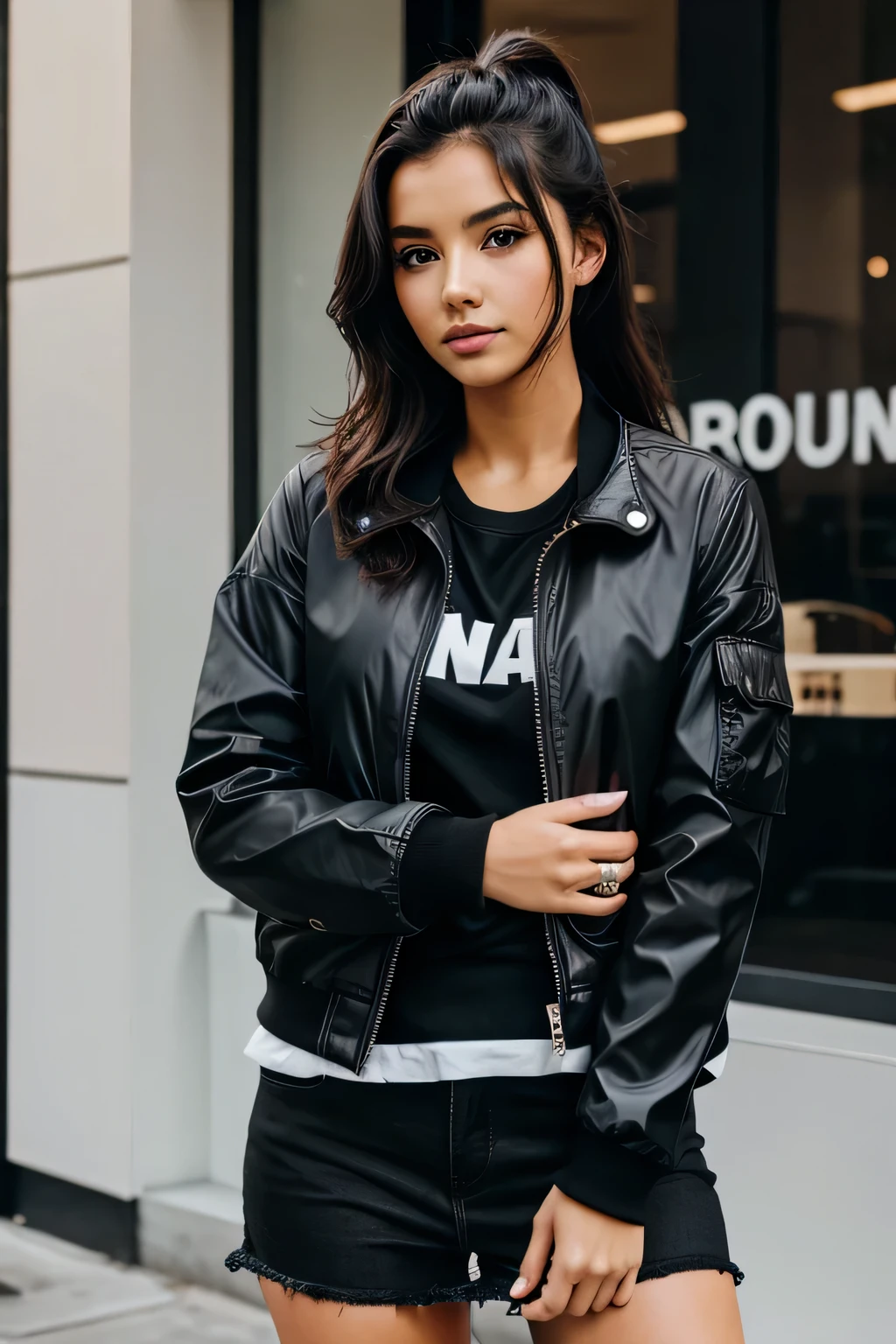 Photography of a 20 year old woman, perfect face, Masterpiece, good, underwear, black_good, jacket, black_Pants, white skin