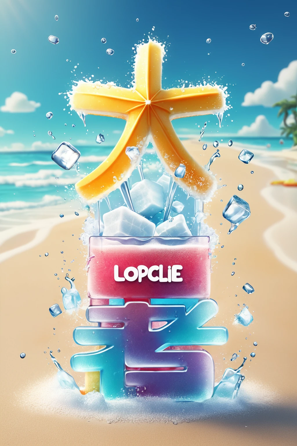 popsicle text design, cartoony, summer beach background, ice cube, Special features, Octane rendering and blender, hyper quality, clear features, Ultra HD and 8K resolution,Fresh hand drawn illustration