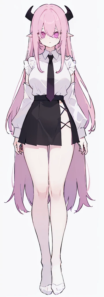 (((Long Pink hair))),Pink hair,kawai,(((Eyes visible from bangs,hair over eyes:1.3))),,Huge breasts,(purple color eyes),,(purple slanted eyes),1girl in,bangs,long White hair, pantyhose,Cowboy Shot,white background,Straight hair hair,(On both sides of the head has sharp black devil horns) ((head bowed pose)) Ter's hair flows straight down, has two sharp black horns (slant purple eyes) (((wearing a perfect white shirt))) white shirt sleeves should be folded to the elbows ((Don't wear any ties (wear a long black skirt, both sides of the skirt are split The other two sides of the skirt are split (showing her bare thighs) Long black skirt split at the thighs, perfect white shirt, no accessories like a tie (sexy body) Bare thighs without wearing any socks, The character's body is visible from head to ankle, ((Tall slim perfect body)) (tight black skirt) full body full body full body full body (Full body image) legs wearing a short white loose t-shirt