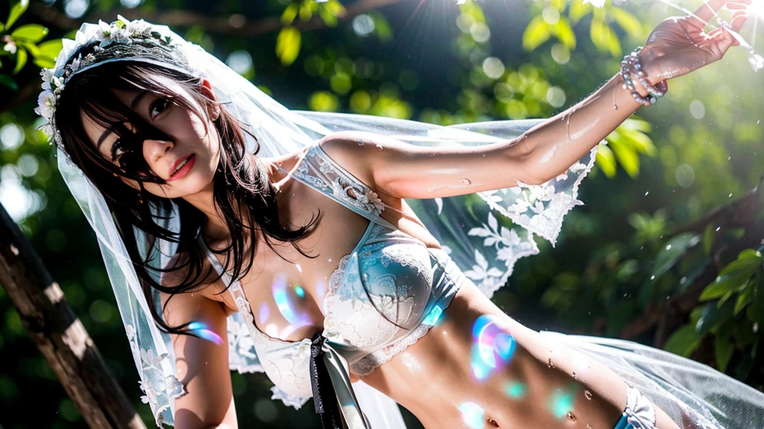 look up, 8K, masterpiece, Most detailed, Highest quality,, create a sense of fit, Cute Girls,Side Tail, (Wet),Sun light,((wedding)),pubic hair,Veil,(((bride))),((show off)),(ふっくらとしたNipples),Ecstatic expression,Outdoor,White lace,Nipples,Ample breasts,Saggy breasts,Hime cut,One female,Glowing Skin,hard core