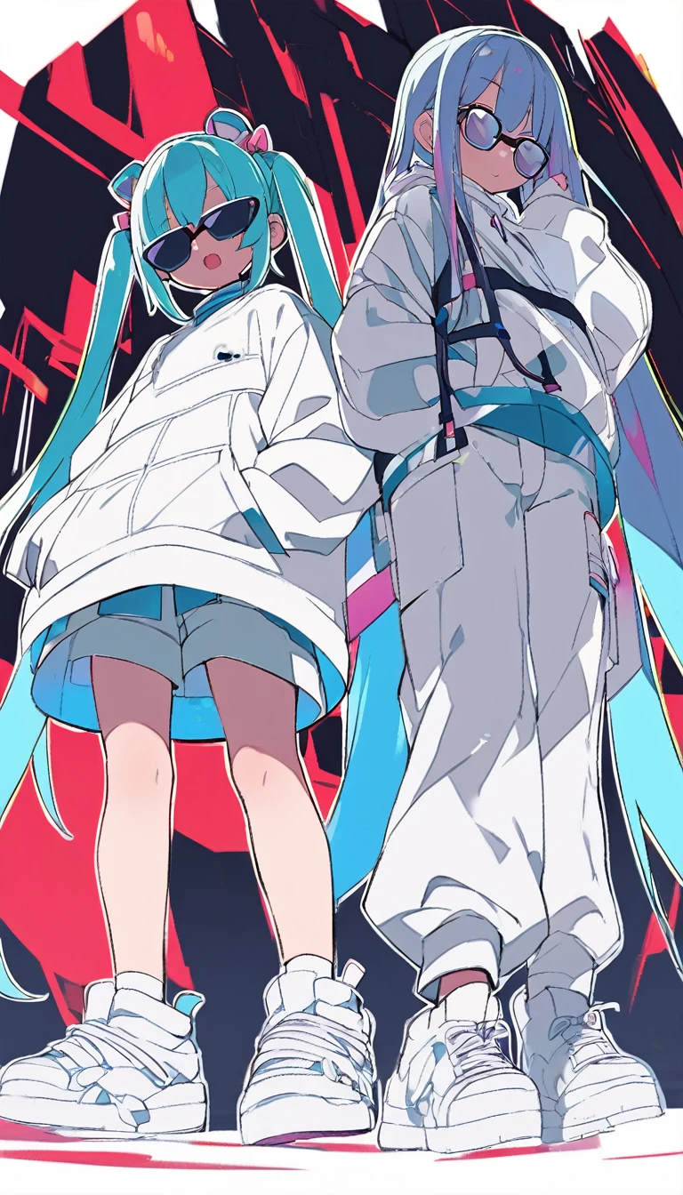 2 people、初音Miku、Miku、Twin tails、Long light blue hair、Are standing、cool、Black horizontal sunglasses、Opaque sunglasses、White platform sneakers、White Cargo Pants、Baggy clothes、pop、popな画質、pop、Grainy-looking image quality、cute、Are standing、View from a little below、whole body、White background、