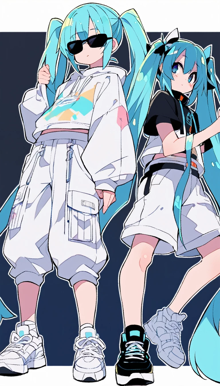 2 people、初音Miku、Miku、Twin tails、Long light blue hair、Are standing、cool、Black horizontal sunglasses、Opaque sunglasses、White platform sneakers、White Cargo Pants、Baggy clothes、pop、popな画質、pop、Grainy-looking image quality、cute、Are standing、View from a little below、whole body、White background、