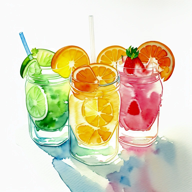 ((masterpiece)), ((best quality:1.2)), ((watercolor)), ((soft color))), ((minimalist)), ((negative space)), ((solid white background)), many type of healthy drinks, orange juice, avocado juice, strawberry juice, grape juice, 5 jar of infused water containing fruit with different type and color, ((no Clipping)), no shadow clipping, no object clipping, surrounded with (((solid white background))), very subtle shadow, soft bright white lighting, soft shadow, realistic, center composition