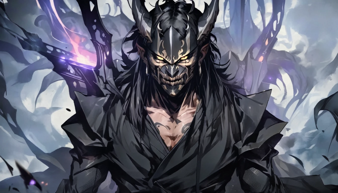 demon mask,close up, black heavy detailed clothes, art, dark and malevolent, armor, powerful and intimidating, (masterpiece, best quality, ultra-detailed, best shadow), (detailed background, dark fantasy) dramatic light, intricate details, dark and malevolent, powerful and intimidating, Dark and foreboding, malevolent force, sinister and chilling, armor, high detailed background, girl in demon slayer art, demon slayer art style, epic anime art, God death