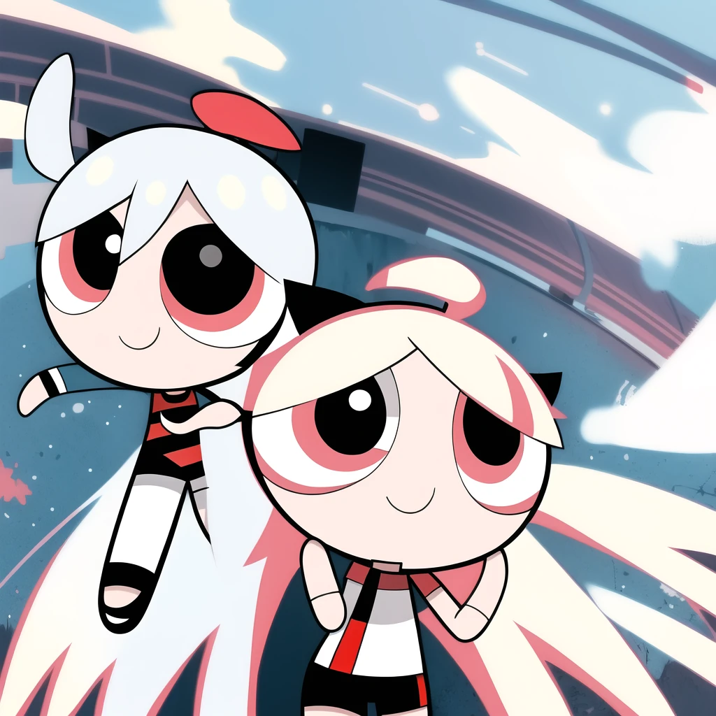 smile,chibi, full body, 1girl, white hair, red eyes, black short sleeve shirt, black shorts,