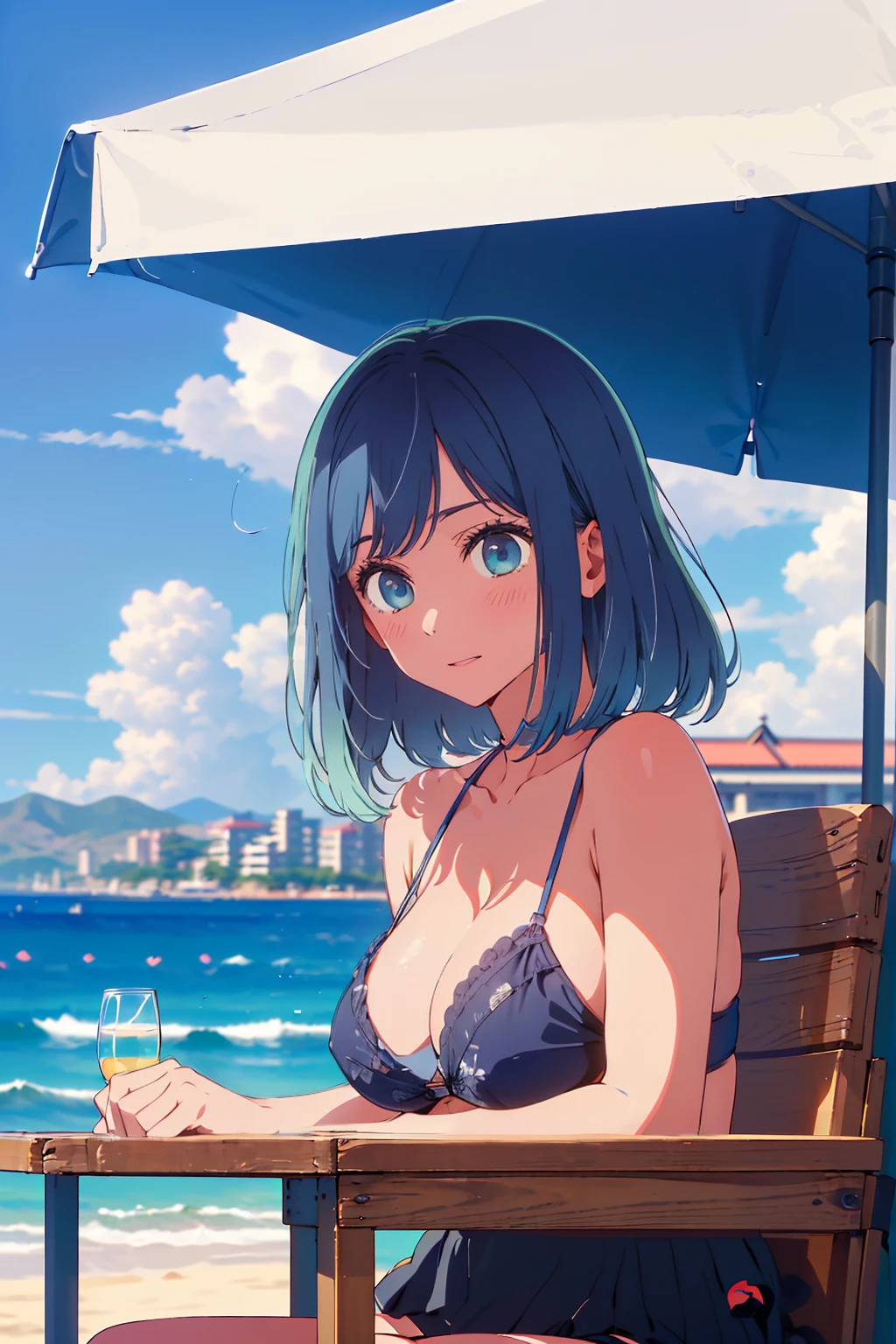 (Highest quality:1.4、masterpiece:1.4、Super detailed:1.4、8K:1.4)、F cup bust、Big Breasts、Slim body、((((1 person、Surprised expression、sit、Chair、In the background are the urban buildings of Tokyo、looking at the camera、Outdoor café terrace、coastal、Navy hair color、Very cute face))))、((nude、Areola、bikini))、Sexy Abs、Very blue sky、A completely cloudless sky、Big eyes、((((Shallow depth of field))))