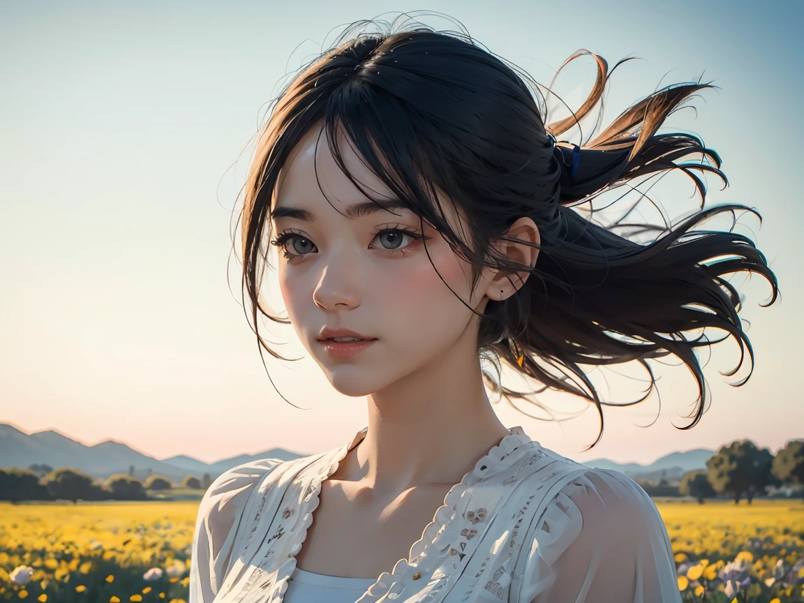 image of a girl in a sunny one-day landscape, just the landscape with flowers, flowery field, no people, no animals, vibrant childish, art style, cartoon, artistic, soft color palette, flowers of various kinds blown by the wind, brightness, magical photography, soft soft lighting, light background, realistic photo, super detailed, 4k, high resolution, super thin sharp, high quality, unique, beautiful colors, 3d rendered,