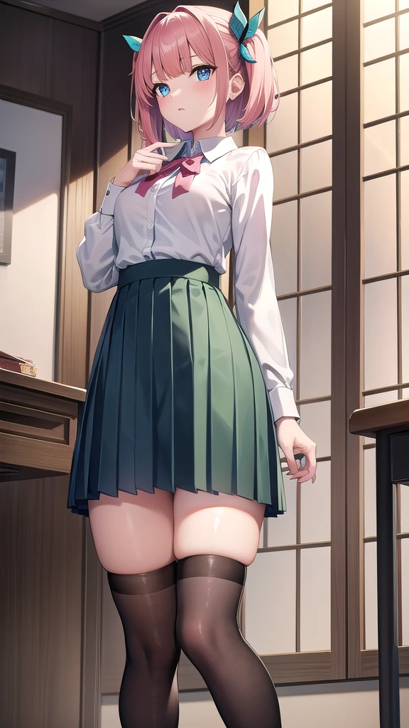 ninonakano, nino nakano, short hair, bangs, blue eyes, hair ornament, hair ribbon, pink hair, blunt bangs, two side up, butterfly hair ornament, BREAK skirt, shirt, long sleeves, white shirt, pleated skirt, open clothes, collared shirt, sleeves past wrists, dress shirt,green skirt,BREAK indoors, classroom, school, BREAK looking at viewer, BREAK (masterpiece:1.2), best quality, high resolution, unity 8k wallpaper, (illustration:0.8), (beautiful detailed eyes:1.6), extremely detailed face, perfect lighting, extremely detailed CG, (perfect hands, perfect anatomy),full body shot, stockings, from below.