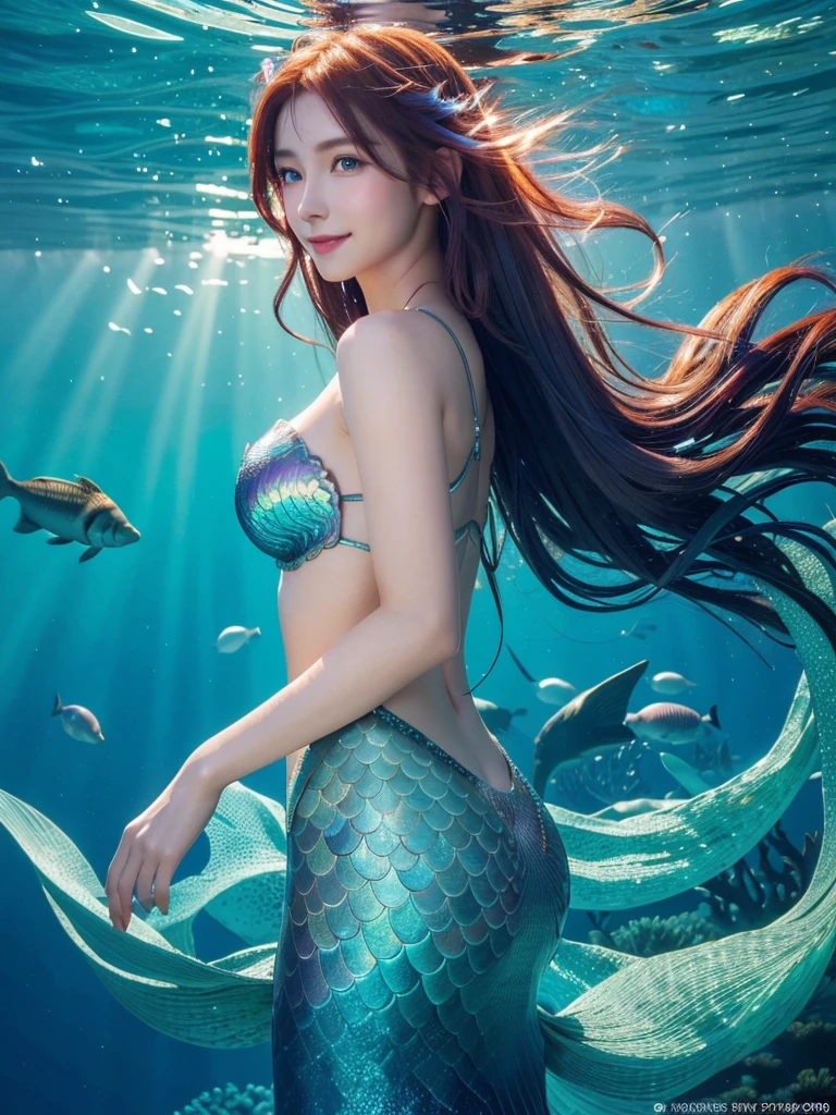 (best quality,4k,8k,highres,masterpiece:1.2),ultra-detailed,(realistic,photorealistic,photo-realistic:1.37),illustration,mermaid,fantasy,blue-green color palette | a beautiful girl with long, flowing red hair, sparkling detailed eyes, and luscious lips, transforming into a mesmerizing mermaid underwater in the vast sea. The underwater scene is filled with vibrant colors, showcasing the enchanting beauty of the ocean. The mermaid gracefully swims, surrounded by coral reefs, schools of exotic fish, and swaying sea plants. Sunlight streams through the water, casting a magical glow on the mermaid's iridescent scales. The whole image is filled with a sense of wonder and mystery, evoking the captivating allure of the mythical mermaid,(light smile:1.2) nsfw