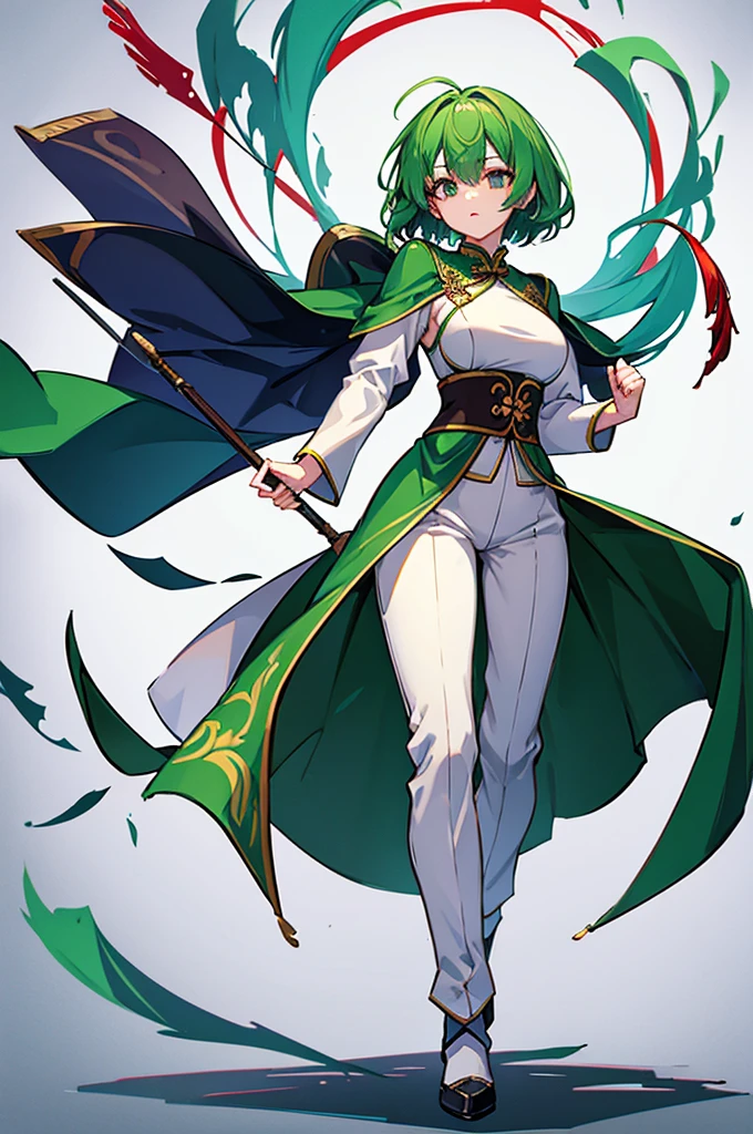 Green Hair、Her hair is short、Small breasts、standing、full body、Fighter、male、Uniform、Chinese Knight、Chinese style、White background、No exposure、China dress、pants、band、front、White is the main color of the outfit、Kung Fu