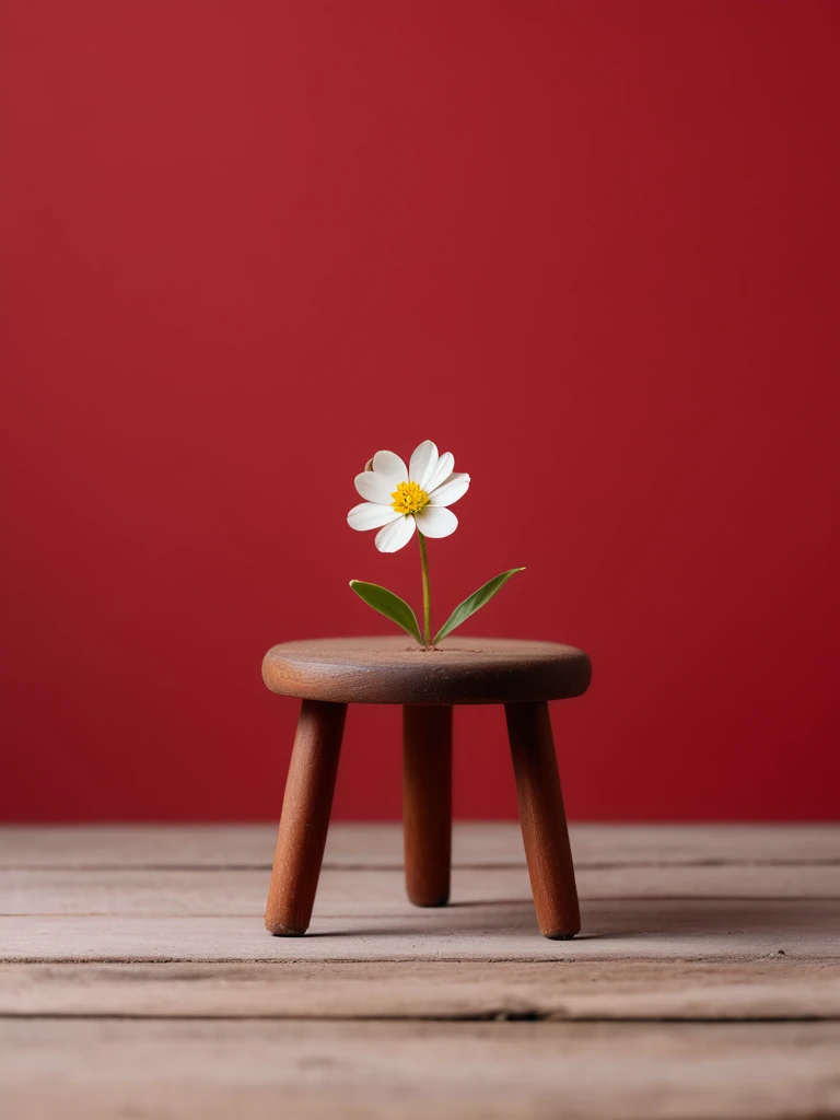 Solid red background,A small flower grows on the old wooden stool,50%White Space