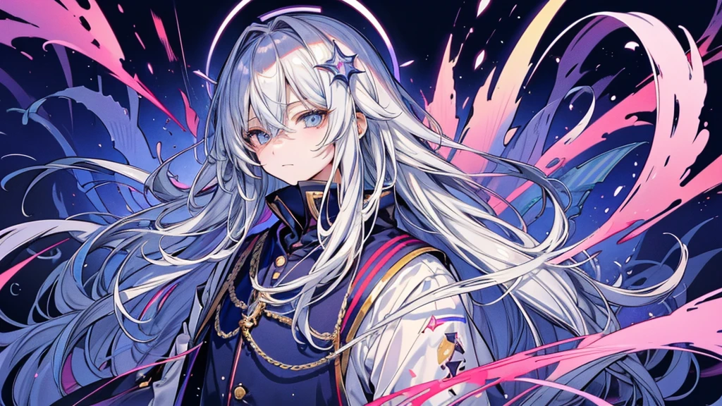 長い銀髪とまっすぐな青い目をしたlikeい男性, Exudes wisdom and charisma. His handsome appearance、like々The contrast between her beautiful face and silvery hair is accentuated.。. With a captivating gaze, He stands alone, Mysterious and attractive. (masterpiece), (Highest quality), 1 person, like者.