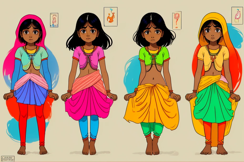 a charecter sheet, colorful illustrations an young Indian girl, sitting, standing, sideways, front back, sad, happy, multiple poses