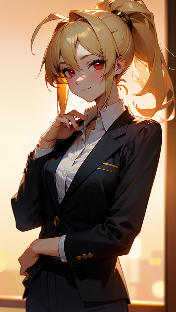 1 Girl、8K、Sharp focus、(Bokeh) (Highest quality) (Detailed skin:1.3) (Intricate details) (anime)、 years 、Blonde ponytail、Ahoge、Beautiful red eyes、smile、White shirt、Black work trousers、Black Fitted Blazer、Slender body、Upper body close-up、Golden Hour Sky