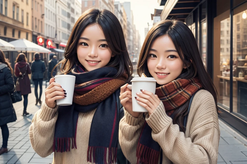 very beautiful girl, wearing a sweater and scarf drinking coffee on a city street, looks towards the camera, smiling, high detail, advertising photo