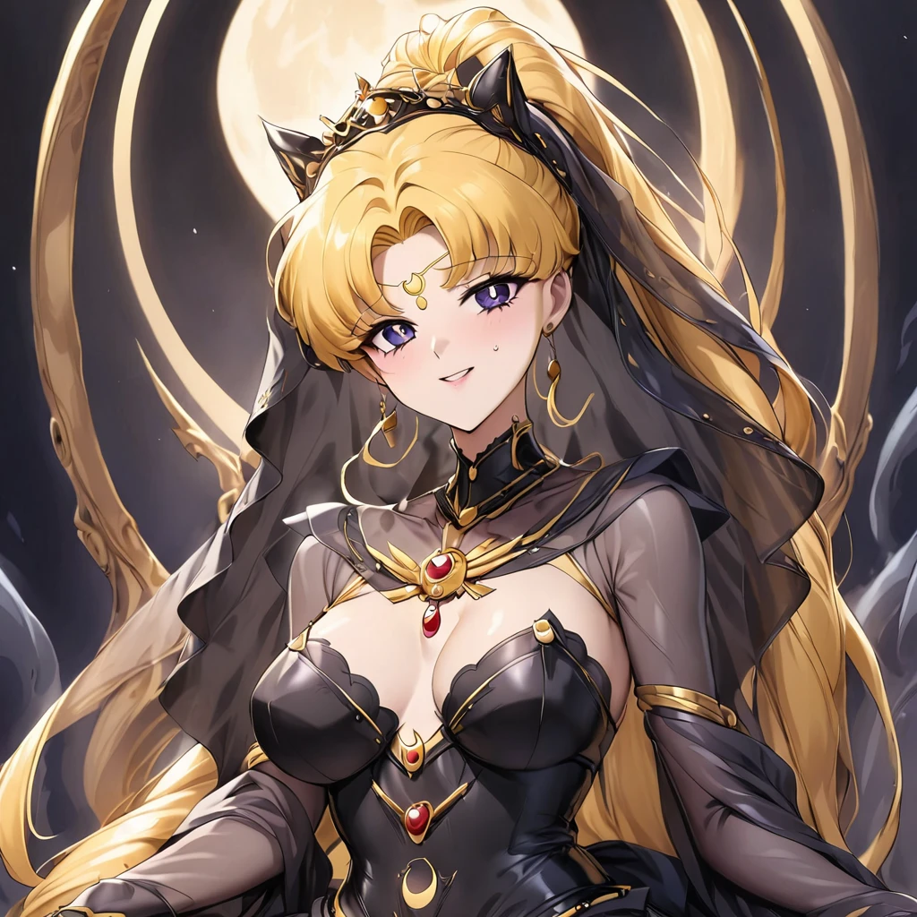 ((Highest quality)), ((masterpiece)), (detailed), (Perfect Face)、Black moon mark on forehead、The woman is Black Serenity, the noble dark queen of the Black Moon clan and has blonde hair.2A woman with long hair tied up in a ponytail is Princess Serenity, sitting on a luxurious throne.、The woman has a black inverted crescent moon mark on her forehead, a gorgeous and glittering black gothic Victorian dress, a black veil and a black see-through cape, and is wearing luxurious jeweled accessories. She is the Queen of Darkness, the jet-black Princess Serenity, looking at the camera with a happy expression, and has the expression of a maiden in love.