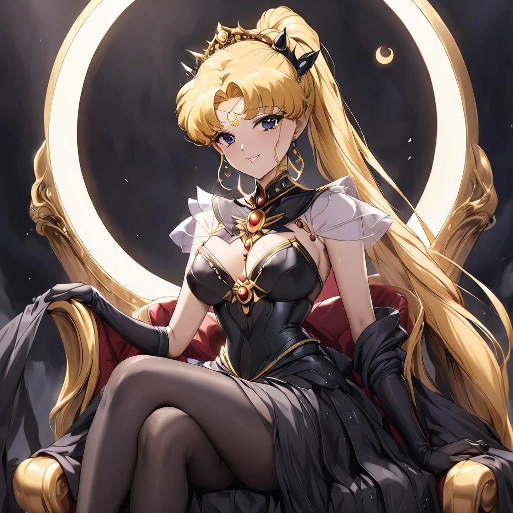 ((Highest quality)), ((masterpiece)), (detailed), （Perfect Face）、Black moon mark on forehead、The woman is Black Serenity, the noble dark queen of the Black Moon clan and has blonde hair.２A woman with long hair tied up in a ponytail is Princess Serenity, sitting on a luxurious throne.、The woman has a black inverted crescent moon mark on her forehead, a gorgeous and glittering black gothic Victorian dress, a black veil and a black see-through cape, and is wearing luxurious jeweled accessories. She is the Queen of Darkness, the jet-black Princess Serenity, looking at the camera with a happy expression, and has the expression of a maiden in love.