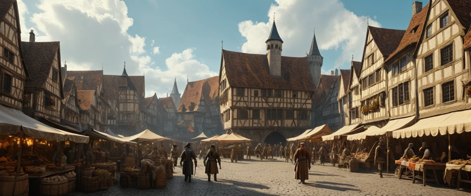 (masterpiece, 8K, UHD, RAW), A bustling medieval market square scene with various stalls and traders selling goods, inspired by the art of Pieter Bruegel the Elder and fantasy medieval RPG games like Skyrim, featuring intricate architectural details, colorful banners, lively characters in period clothing, animals like horses and dogs, sunlight filtering through the clouds, and a sense of bustling activity and camaraderie --s 150 --ar 1:1 --c 5 --v 5.2