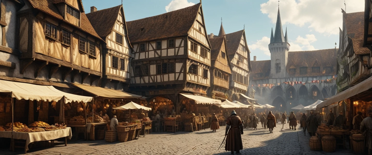 (masterpiece, 8K, UHD, RAW), A bustling medieval market square scene with various stalls and traders selling goods, inspired by the art of Pieter Bruegel the Elder and fantasy medieval RPG games like Skyrim, featuring intricate architectural details, colorful banners, lively characters in period clothing, animals like horses and dogs, sunlight filtering through the clouds, and a sense of bustling activity and camaraderie --s 150 --ar 1:1 --c 5 --v 5.2