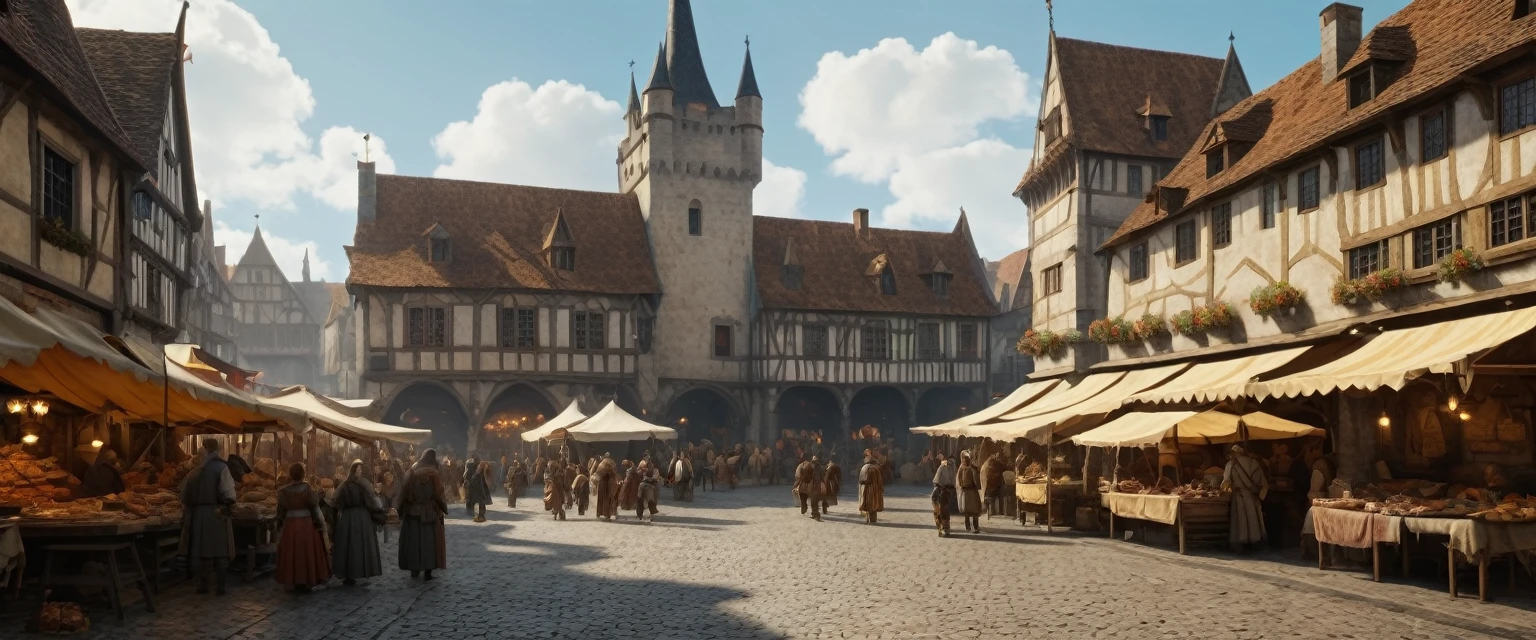 (masterpiece, 8K, UHD, RAW), A bustling medieval market square scene with various stalls and traders selling goods, inspired by the art of Pieter Bruegel the Elder and fantasy medieval RPG games like Skyrim, featuring intricate architectural details, colorful banners, lively characters in period clothing, animals like horses and dogs, sunlight filtering through the clouds, and a sense of bustling activity and camaraderie --s 150 --ar 1:1 --c 5 --v 5.2 