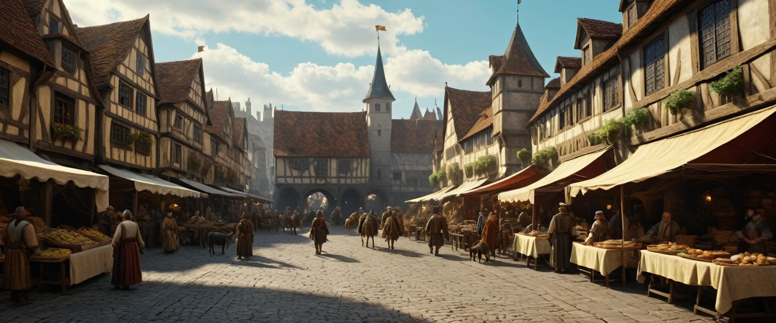 (masterpiece, 8K, UHD, RAW), A bustling medieval market square scene with various stalls and traders selling goods, inspired by the art of Pieter Bruegel the Elder and fantasy medieval RPG games like Skyrim, featuring intricate architectural details, colorful banners, lively characters in period clothing, animals like horses and dogs, sunlight filtering through the clouds, and a sense of bustling activity and camaraderie --s 150 --ar 1:1 --c 5 --v 5.2