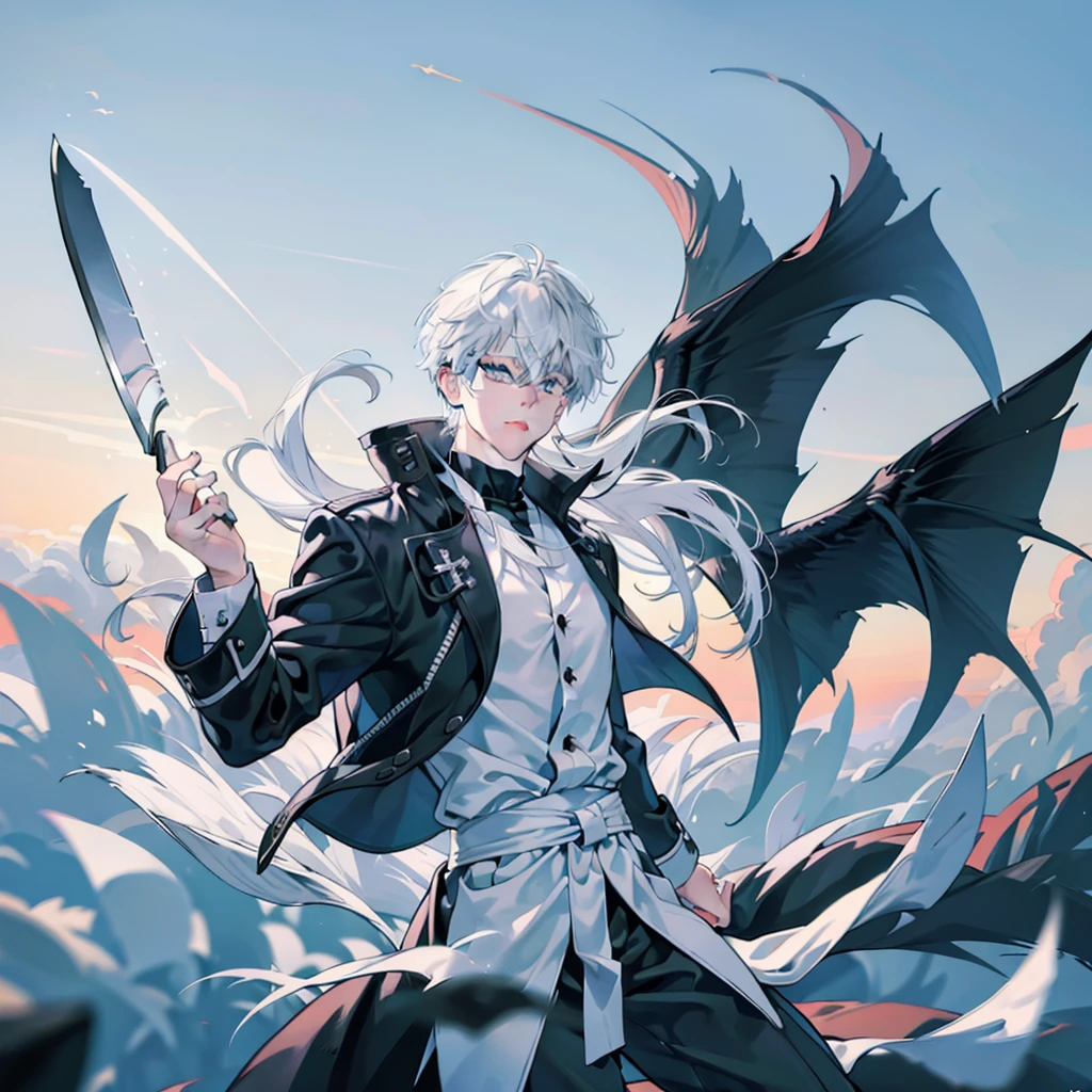 23 year old boy, white hair, wearing black/white ninja outfit, holding throwing knives, floating in the sky/clouds, controlling the wind/weather, absurdres, high res, ultrasharp, 8K, masterpiece, looking at viewer