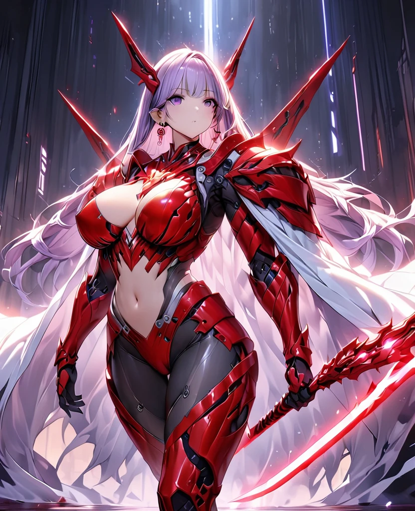 Woman in a futuristic suit, Very detailedな顔, Nice, Mother, Tomboy, Very ?????????????, Combat Uniform, Cyber Suit, Anime girl in a tight suit, Milfication, Elegant body, Focus on the navel, gloves, Earrings, foot armor, sf, Female protagonist, Are standing, Volumetric Light, Detailed lighting, Detailed Texture, BoobsCyberpunk, Biomechanical , masterpiece, Top quality eyes, sfの背景, Futuristic landscape、Finding、Ultra-realistic, Ultra-realistic, Very detailed, (Cyber Samurai, ((alone)), attack with red sword, Wearing red armor and a mask, Cape, Shineing beautiful purple eyes, Shine:1.3) (Shineing simple black background:1.25),