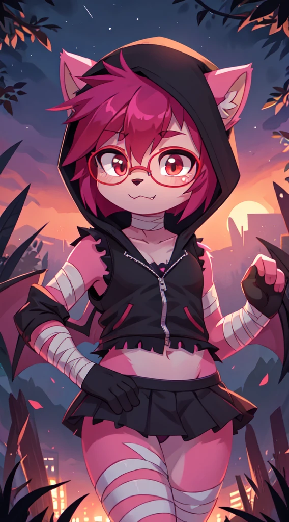 Furry girl, young, bat, magenta hair, spiky hairstyle, spiky ponytail, spiky side hair, emo girl, red eyes, two tone body fur, pink body fur, clear pink body fur, small breasts, bat wings on back, fangs, ((red glasses, black hood on head, black vest, open clothes, black and purple frilly bikini, mini skirt, bandages on hands, bandages on feets)), park, night sky, detailed face, detailed body fur, detailed body, detailed eyes, glistering body, shiny body, :3, sassy face, standing, perfect lighting, perfect shadows, perfect eyes, perfect hair, perfect face, gorgeous body, feets whit three toes, full body,